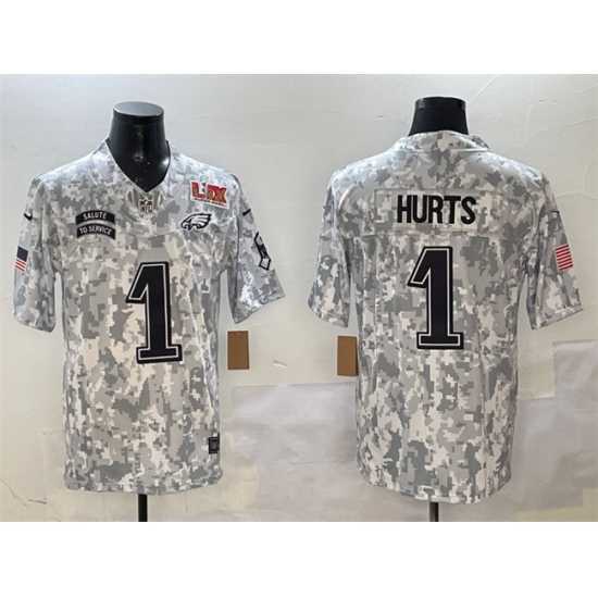 Exceptional Philadelphia Eagles 1 Jalen Hurts Arctic Camo 2025 Super Bowl LIX Patch F.U.S.E Salute To Service Limited Stitched Football Jersey