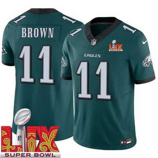 Exceptional Philadelphia Eagles A.J. Brown #11 Green 2024 2025 Super Bowl LIX F.U.S.E Stitched NFL Jersey