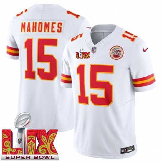 Exquisite Kansas City Chiefs Patrick Mahomes #15 White 2024 2025 Super Bowl LIX F.U.S.E Stitched Jersey