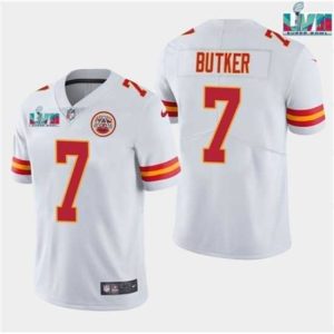 Gorgeous Kansas City Chiefs 7 Harrison Butker White Super Bowl LVII Patch Vapor Untouchable Limited Stitched Jersey