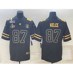 Gorgeous Kansas City Chiefs 87 Travis Kelce Black Golden Super Bowl LV And Super Bowl LVII Patch Vapor Limited Stitched Jersey