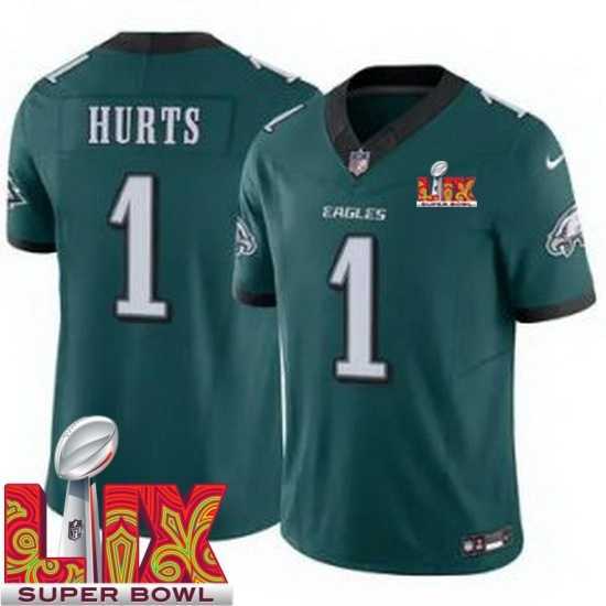 Gorgeous Philadelphia Eagles Jalen Hurts #1 Green 2024 2025 Super Bowl LIX F.U.S.E Stitched NFL Jersey