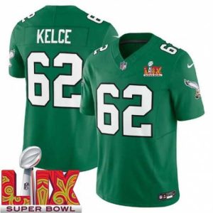 Gorgeous Philadelphia Eagles Jason Kelce #62 Kelly Green 2024 2025 Super Bowl LIX F.U.S.E Stitched NFL Jersey