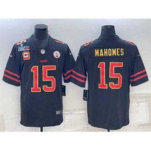 Magnificent Kansas City Chiefs 15 Patrick Mahomes Black Red Gold Super Bowl LVII Patch And 4 Star C Patch Vapor Untouchable Limited Stitched Jersey