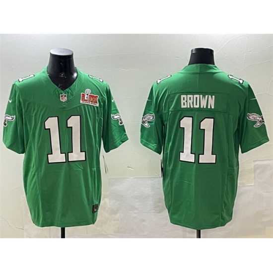 Magnificent Philadelphia Eagles 11 A J Brown Green 2025 Super Bowl LIX Patch F.U.S.E Throwback Vapor Untouchable Limited Stitched Football Jersey
