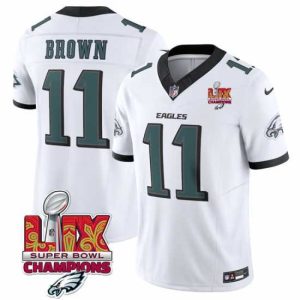 Outstanding Philadelphia Eagles 11 A J Brown White 2025 Eagles Logo Super Bowl LIX Patch New F.U.S.E Vapor Untouchable Limited Stitched Football Jersey