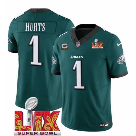 Premium Philadelphia Eagles 1 Jalen Hurts Green 2025 Super Bowl LIX Patch With 3 Star C Patch New F.U.S.E Vapor Untouchable Limited Stitched Football Jersey