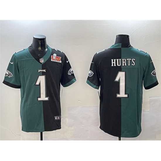 Premium Philadelphia Eagles 1 Jalen Hurts Green 26 Black Split 2025 Super Bowl LIX Patch Vapor Untouchable Limited Stitched Football Jersey